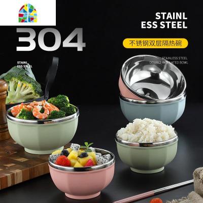 304不锈钢碗带盖 双层隔热铁碗宝宝防摔碗彩色儿童米饭碗成人家用 FENGHOU 大号蓝色[无盖]