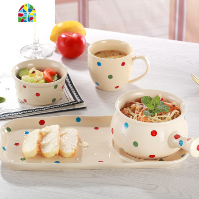 早餐组合餐具碗碟套装创意手柄碗汤碗碗筷碗盘家用个性一人食单人 FENGHOU [6件套]喜悦米黄