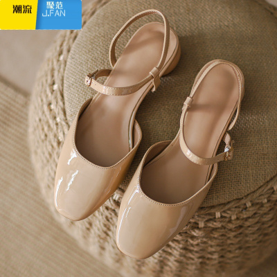 聚范包头凉鞋女仙女风2021年夏季新款百搭中跟方头漆皮粗跟温柔风单鞋