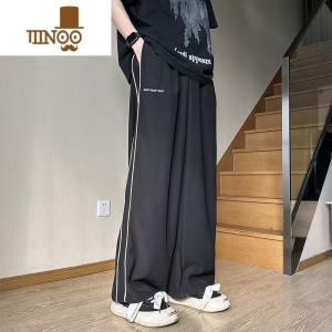 YANXU美式复古运动裤子男款夏季日系慵懒坠感直筒阔腿黑色条纹休闲长裤 黑色 3XL