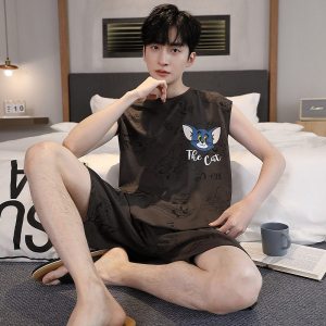 新款睡衣男士夏季短袖背心薄款短裤印花卡通休闲套装可外穿