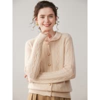 POLO领羊绒开衫女山羊绒加厚娃娃领复古麻花针织衫外套毛衣