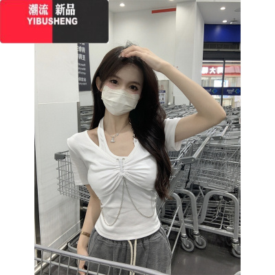 YIBUSHENG纯欲假两件挂脖短袖T恤女季2024新款别致甜辣白色修身短款上衣
