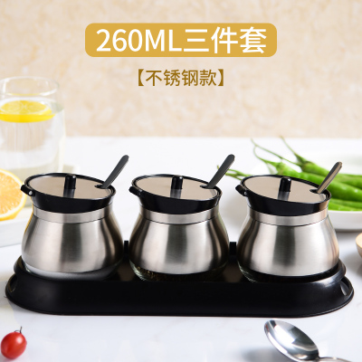 调料罐子玻璃调味瓶套装调料盒盐味精糖罐不锈钢单个家用餐厅定制 敬平 不锈钢款3件套[深空黑]带托盘调味罐