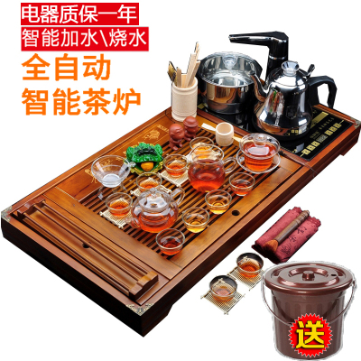 YUNHAN韵涵茶具套装整套茶具整套功夫茶具实木茶具一体式家用电热炉全自动上水陶瓷茶具款十玻璃连年有余茶具套装