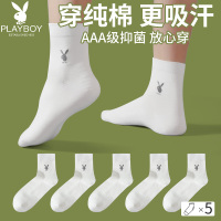 花花公子白色袜子男士冬季100%纯棉抗菌中筒袜男生全棉透气长袜DX