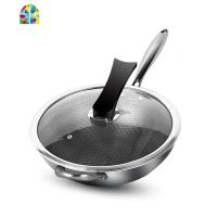 304不锈钢锅炒锅 无油烟无涂层电磁炉燃气灶家用多功能炒菜锅 FENGHOU 34CM单面半屏+盖