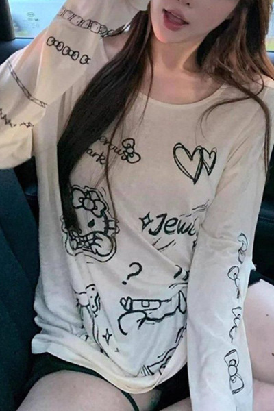 趣味kt猫印花慵懒卡通薄款长袖T恤女装夏季新款宽松防晒罩衫上衣