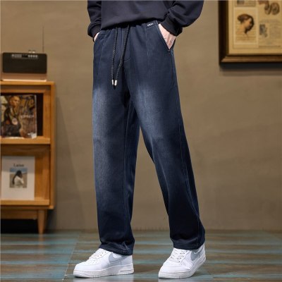 男士秋冬针织牛仔新款休闲裤时尚棉阔腿保暖长裤款式大裤脚裤