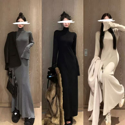 法式慵懒风高领连衣裙女装新款修身内搭中长款打底包臀裙子潮