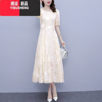 YIBUSHENG雪纺连衣裙女2024新款短袖收腰显瘦气质时尚减龄碎花长款大摆裙