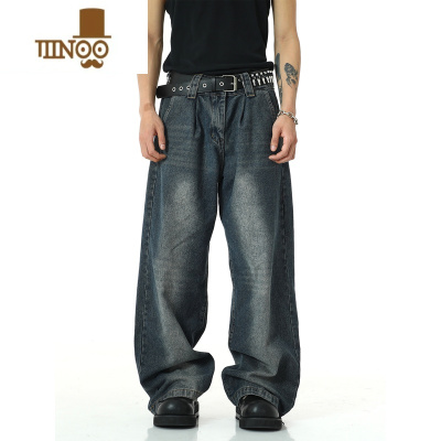 YANXU美式高街直筒牛仔裤男ins潮牌复古水洗大码宽松百搭休闲阔腿长裤