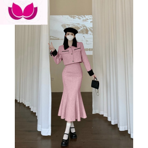 七斓小香风套装2023年春季新款短外套高腰鱼尾包臀半身裙时尚套女