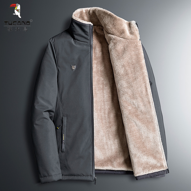 啄木鸟大码羊羔绒棉袄中年男棉衣加绒加厚冬装保暖外套中老年装