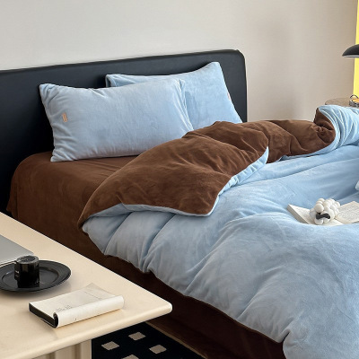 简约纯色双面牛奶绒四件套高级感加厚保暖珊瑚绒被套床单床笠冬季