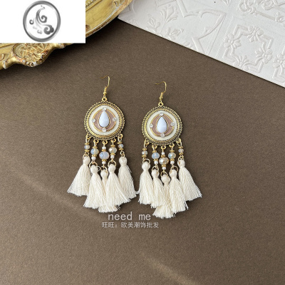 JiMi复古波西米亚2021年新款潮民族风白色羽毛耳环欧美高级感耳钉流苏