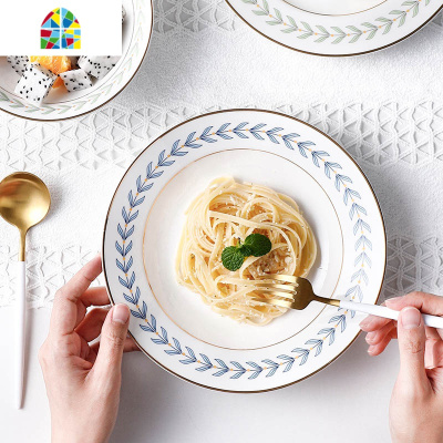 树叶金边米饭碗家用汤盘菜盘面碗创意个红陶瓷餐具套装 FENGHOU 树叶金边4.5英寸碗蓝