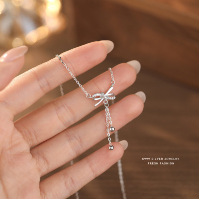 S999纯银小清新蝴蝶结流苏项链女镶钻轻奢小众简约高级感锁骨批发送女朋友老婆情人节七夕生日礼物