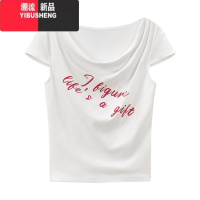 YIBUSHENG字母印花一字肩T恤女季新款纯欲风修身显瘦短款两穿独特上衣ins