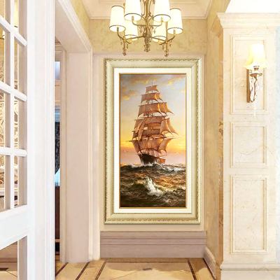 舒厅竖版玄关装饰画现代简约客厅餐厅墙画入门过道走廊大幅挂画北欧发财树黄金满地壁画一帆风顺连框70*120cm