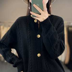 秋冬新款韩版复古麻花圆领外套纯色宽松显瘦气质通勤女士针织开衫