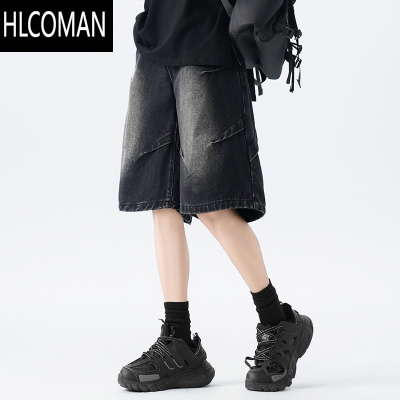 HLCOMAN美式设计感褶皱牛仔短裤男夏季高街水洗做旧五分裤子大码直筒中裤