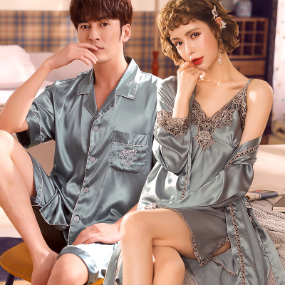 Ideamini情侣睡衣睡袍夏季短袖短裤女士加胸垫性感冰丝睡袍可外穿男士家居