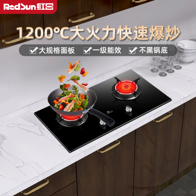 红日(RedSun)红外线燃气灶家用双灶台嵌两用节能大火力一级能效煤气灶炉灶EM308BP 天然气