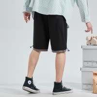 [2.5折价75元]唐狮春夏新款灰色拼接休闲短裤男潮工装裤黑色五分裤宽松中裤