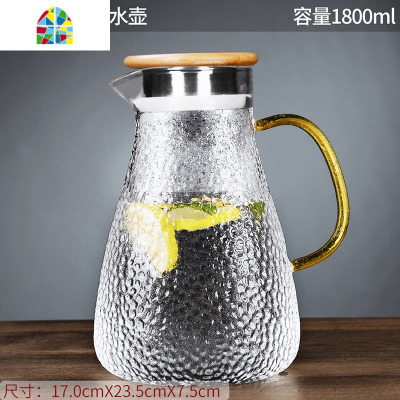 封后冷水壶玻璃凉水壶耐热高温防爆凉白开水杯家用大容量果汁扎壶套装 FENGH 1.8L竹盖-畅爽凉水壶+4个贵妃杯+竹收
