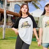 [2.5折价53元]唐狮新款短袖T恤女前胸图案插肩袖圆领宽松设计感上衣夏季sz