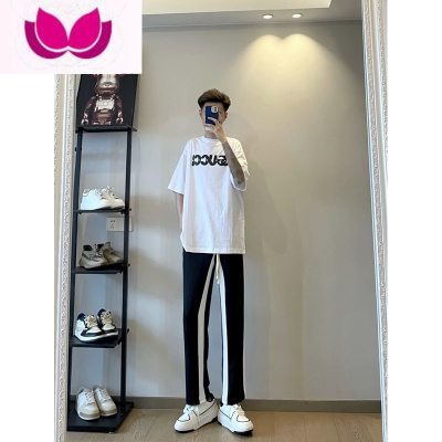 七斓网红冰丝休闲裤子男潮夏季薄款宽松直筒垂感长裤高街双白条阔腿裤