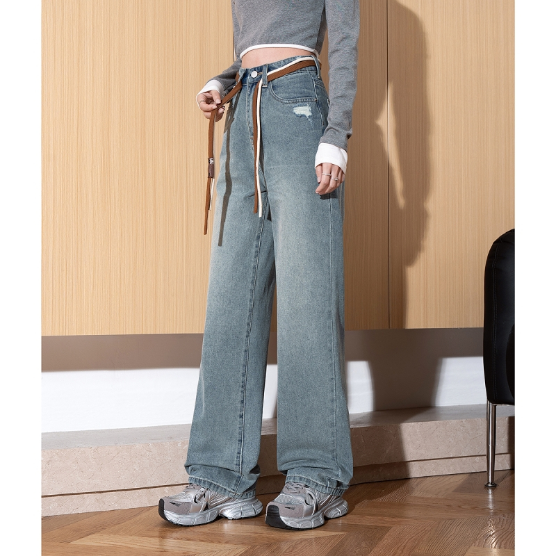 [8.5折价127.4元叠加优惠券]唐狮春新款牛仔裤女高腰抽绳显瘦宽松水洗复古时尚潮流阔腿裤