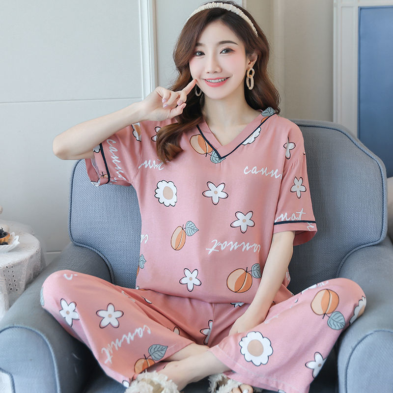 新款棉绸睡衣女士套头夏季薄短袖长裤绵绸家居服套装春秋v领甜美威珺