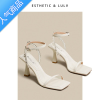 SUNTEK路侣水钻黑色凉鞋女2023年新款夏季粗跟一字带高跟鞋女后空不累脚