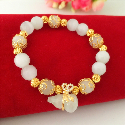 新款DIY手串白色猫眼石葫芦手链女24K镀金仿真沙金转运珠手串首饰送女朋友老婆情人节七夕生日礼物