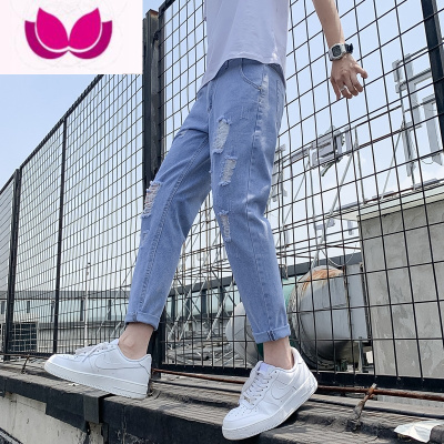 七斓破洞牛仔裤男2022新款潮牌宽松直筒潮流休闲薄款九分裤子夏季