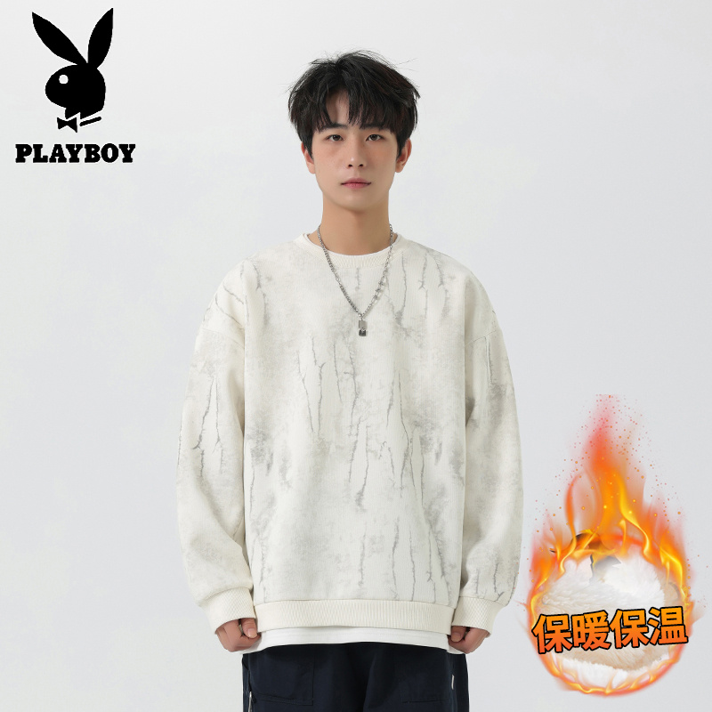 花花公子新款高品质加绒重磅圆领卫衣男2025秋冬新款假两件拼接扎染宽松休闲上衣