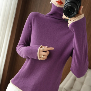 韩版拼色堆堆领套头衫修身显瘦打底毛衣棉线秋季新款女针织衫