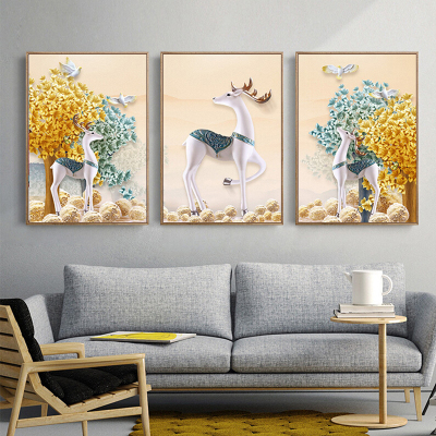 卧室玄关现代简约床头壁画沙发背景墙挂画酒店壁画 发财鹿款e-原木框