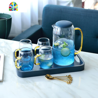 封后北欧凉水壶玻璃可高温水壶家用凉水玻璃水壶凉水杯套装家用 F 300ml水杯6个+金铁架+1500ml冷水壶+蓝大托盘