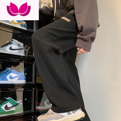 七斓华夫格加绒加厚裤子男新款港风潮牌休闲运动裤宽松直筒长裤