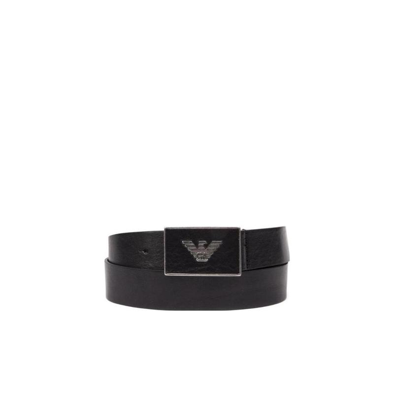 阿玛尼(EMPORIO ARMANI)男士牛皮金属感标志牌扣腰带时尚简约黑色