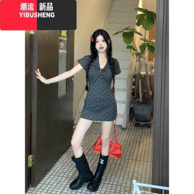YIBUSHENG灰色波点短袖连衣裙女季v领收腰紧身裙子甜辣妹小个子包臀短裙