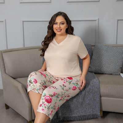 2025新款TEMU短袖七分裤加大加肥女士睡衣套装