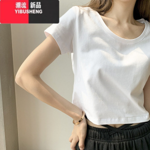 YIBUSHENG季新款短袖T恤女短款白色打底衫小众修身露脐上衣潮宽松