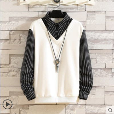 SUNTEK竖条纹加绒假两件卫衣男士文艺商务休闲青少年加厚打底秋衣带领子卫衣