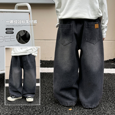 童酷男童冬款做旧磨白宝宝休闲裤时尚贴标一体绒儿童牛仔裤潮