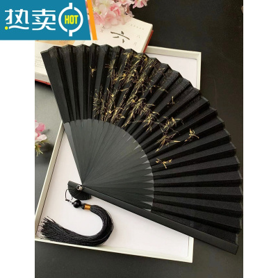 XIANCAI中国风折扇子男生便携8寸复古风折叠古典古装汉服黑色绿色竹林大 黑竹林