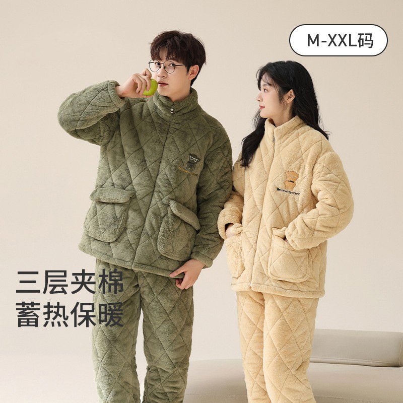 三层夹棉情侣睡衣女秋冬季珊瑚绒加绒加厚立领保暖男款家居服套装_723